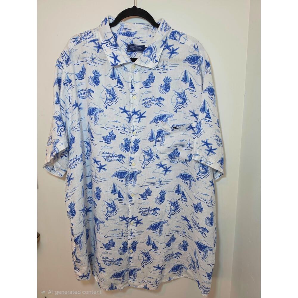 Vineyard Vines Shirt Mens 3XT Tall Blue Tropical Linen Short Sleeve Button Up